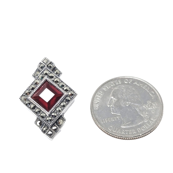 Vintage Judith Jack sterling silver 925 marcasite red garnet clip earrings - Picture 3 of 8